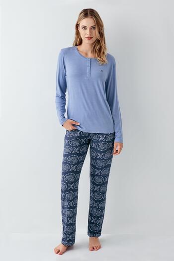 Arnetta Women's Dark Indigo Button-Down Collar Seasonal Pajama Set, 50% Modal 50% Cotton