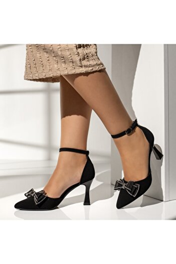 BMoD Women's black suede shoes with a heel and a bow MOD13939