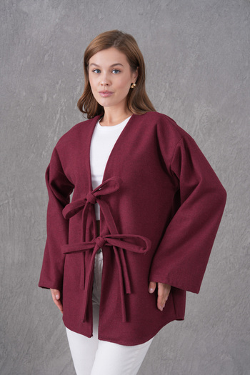 Giyim Gezegeni Burgundy Cashmere Kimono with Tie Front – Women's Oversized Stylish Autumn Winter New Season Jacket Tunic