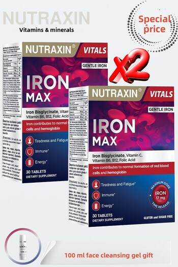 Nutraxin Iron Max Iron Vitamin C B6 B12 Folic Acid (2 Pcs) 30 Tablets 100 ml Facial Cleansing Gel Gift