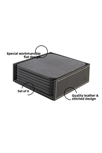 2K Coasters, Set of 6, Desktop Square Cup Coaster, Vegan Faux Leather, 11X11 Cm., Black