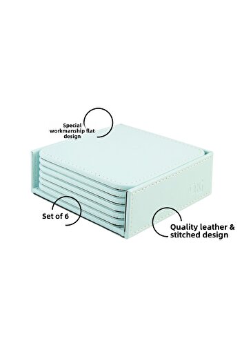 2K Coasters, Set of 6, Desktop Square Cup Coaster, Vegan Faux Leather, 11X11 Cm., Water Green