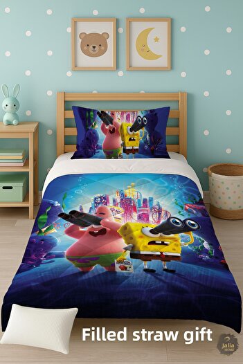 Talia Home Spongebob and Patrick Patterned Single Children's Quilt Sleeping Set Tlag-266