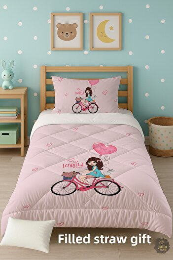 Talia Home Pink Lovely Bicycle Patterned Single Children's Quilt Sleeping Set Tlag-096