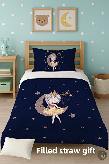 Talia Home Navy Blue Girl Sitting on the Moon Patterned Single Children's Quilt Sleeping Set Tlag-086