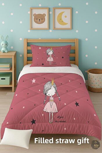 Talia Home Pomegranate Flower Princess Patterned Single Children's Quilt Sleeping Set Tlag-042