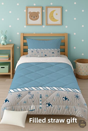 Talia Home Blue Anchor Patterned Single Children's Quilt Sleeping Set Tlag-016