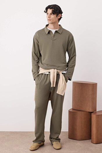 Trendyol Collection Khaki Top Oversize Bottom Straight Polo Neck Thick Sweatpants Set Tmnaw26Em00000