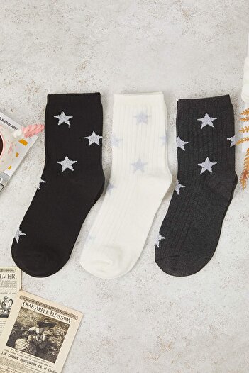 Trendyol Collection Black-Anthracite-Ecru 3-Piece Star Jacquard Knitted Socks Thmaw26Co00008