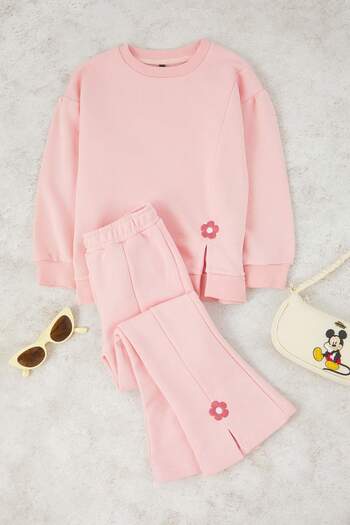TRENDYOLKIDS Light Pink Cotton Floral Regular Girl's Knitted Bottom - Top Set Tkdaw26Au00011