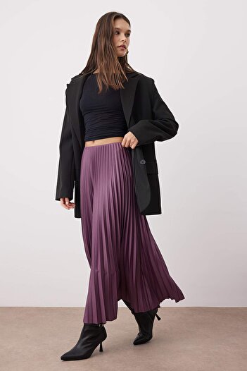 Trendyol Collection Purple A-Line / Bell Shape Pleated Maxi Stretchy Knitted Skirt Twoss24Et00041