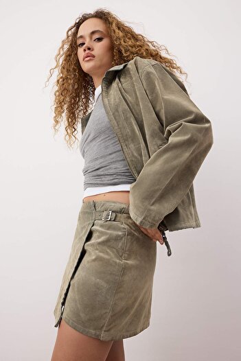 Trendyol Collection Beige Suede Look Flock Printed Mini Denim Shorts Skirt Twoaw26Sr00040