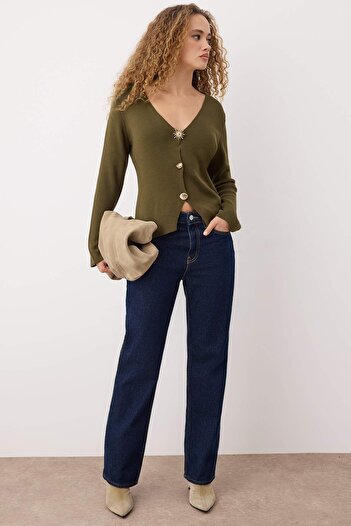 Trendyol Collection Khaki Trend Button Detailed Knitwear Cardigan Twoaw26Hi00121