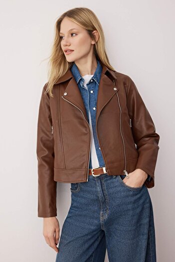 Trendyol Collection Brown Fitted Mold Faux Leather Biker Slim Jacket Coats Twoaw26Mo00083