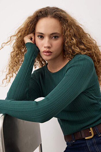 Trendyol Collection Dark Green Mercerized Premium Yarn/Special Yarn Drape/Drawstring Detail Knitwear Sweater Twoaw26Kz00041