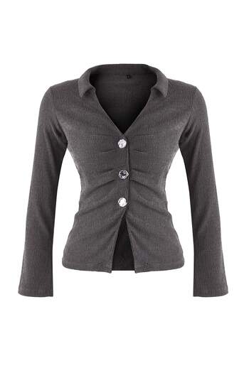 Trendyol Collection Anthracite Polo Neck Gathered Buttoned Bodycon Stretchy Knitted Blouse Twoaw26Bz00176