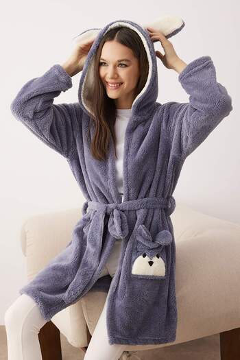 Trendyol Collection Wellsoft Grey Gestrickter Morgenmantel – mit Gürtel und Taschen, Tierfigur THMAW21SB0011