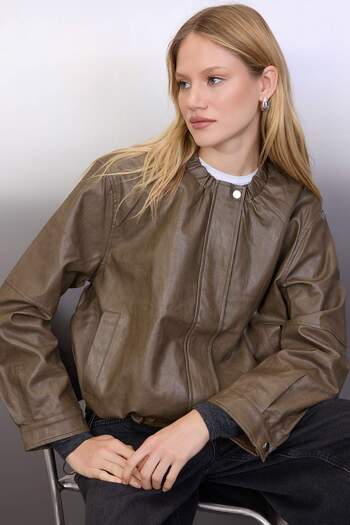 Trendyol Collection Khaki Regular Fit Faux Leather Slim Jacket Coats Twoaw26Mo00071