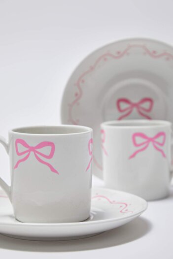 TRENDYOLMİLLA HOME Σετ 2 φλιτζάνια καφέ με στάμπα πορσελάνης με φιόγκο/κορδέλα TPHSS25KFC00005