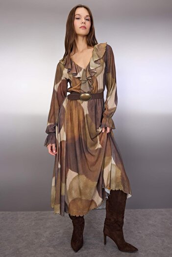 Trendyol Collection Multi-Colored Printed Foam Ruffle Detail Maxi Stretchy Knitted Dress Twoaw26El00249
