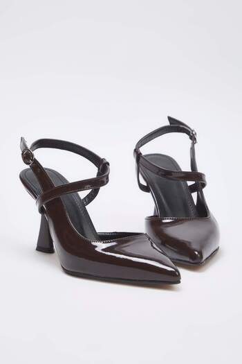 TRENDYOL SHOES Dark Brown Patent Leather Ankle Strap Women's Classic Heeled Shoestakaw25To0004