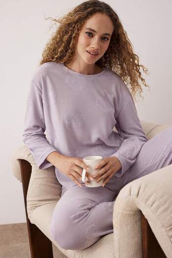 Trendyol Collection Lilac Heart 30/1 Openend Knitted Pajamas Set Thmaw25Pt00086