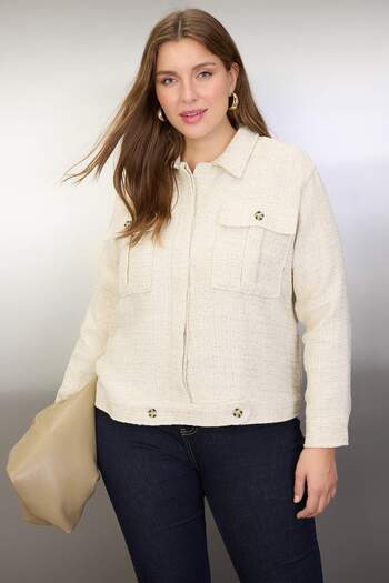 Trendyol Curve Ecru Plus Size Glitter Tweed Woven Jacket Tbbaw26Ag00016