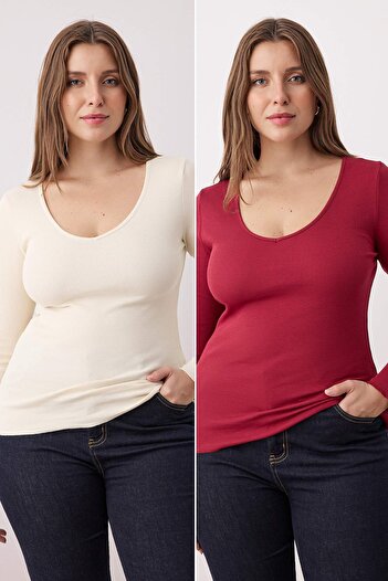 Trendyol Curve Burgundy-Multi 2 Pack V Neck Fitted/Slim Fit Cotton Stretchy Knitted Blouse Tbbaw26Af00018