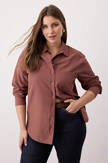 Trendyol Curve Brown Loose Fit Cotton Long Sleeve Plus Size Woven Shirt Tbbss22Go0323