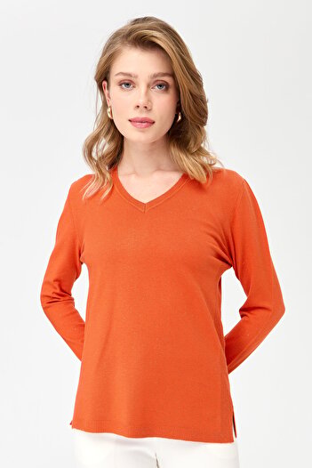 Desen Triko Women's V-Neck Sleeves Buttoned Glitter Blouse Orange