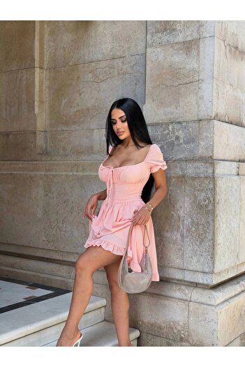 VİSKALİ Kadın Pembe Kare Yaka Fırfır Detaylı Karpuz Kol Göğüs Bağlamalı Mini Elbise