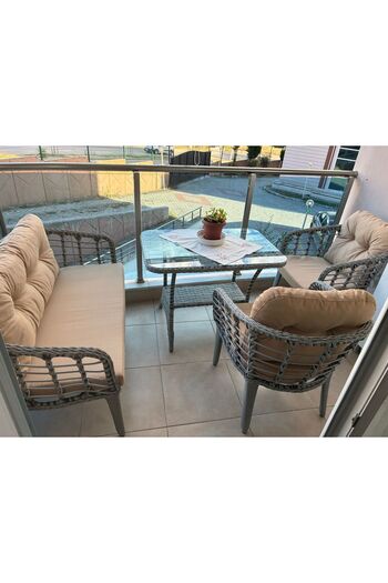 Tu Tienda KARTEPE 2 1 1 RATTAN BAHÇE BALKON TAKIMI,BEJ KUMAŞ/GRİ RATTAN ÖRGÜ