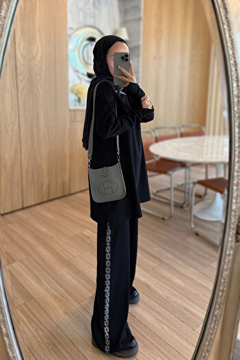 Ka Hijab Stone Detailed Mercerized Suit - Black