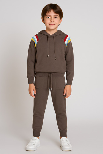 Minora Knitwear Unisex Hooded Stripe Detailed Set Brown