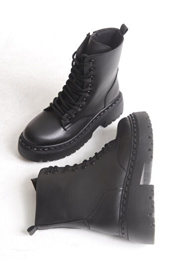 meyra'nın ayakkabıları Women's Black Leather Laced and Zippered Boots