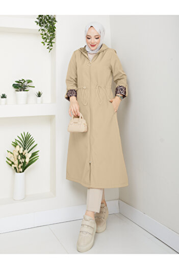 RACE FASHİON Leopard Patterned Bondit Fabric Elastic Waist Hooded Waterproof Trench Coat Rc1205010