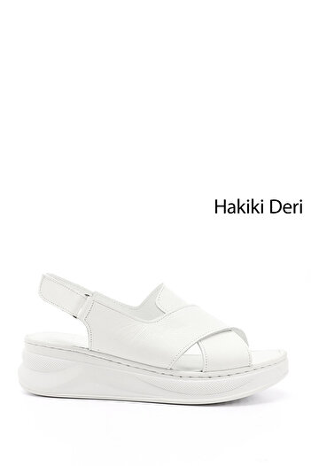 GÖNDERİ(R) Women's / Girls' White Velcro Strap Wedge Heel Genuine Leather Comfort Sandals