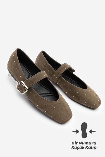 Marjin Women's Blunt Toe Buckled Studded Ballerinas Velona Brown Suede