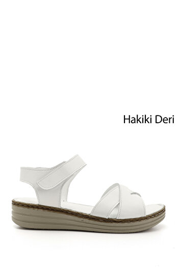 GÖNDERİ(R) Women's / Girls' White Velcro Strap Wedge Heel Genuine Leather Comfort Sandals