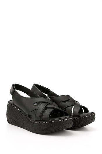 GÖNDERİ(R) Women / Girls Black Velcro Strap Genuine Leather Wedge Sandals