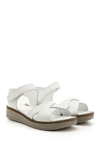 GÖNDERİ(R) Women's / Girls' White Velcro Strap Wedge Heel Genuine Leather Comfort Sandals