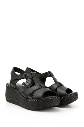 GÖNDERİ(R) Women / Girls Black Velcro Strap Wedge Sole Genuine Leather Sandals