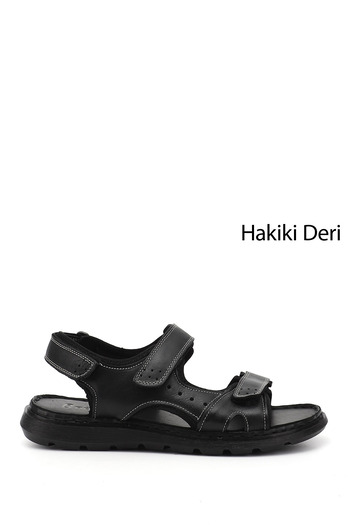 GÖNDERİ(R) Men's Black Adjustable Velcro Strap Genuine Leather Sandals