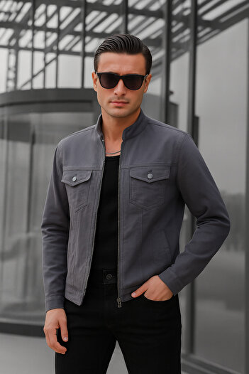 Pobudo Anthracite Color Zippered Men's Denim Jacket