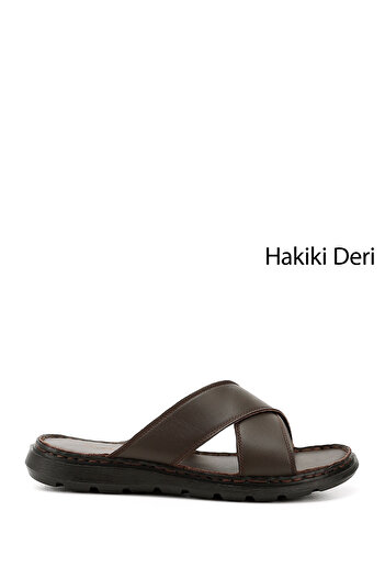GÖNDERİ(R) Men's Brown Cross-Strapped Genuine Leather Slippers