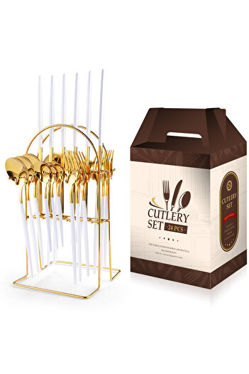 Trendy's Portuguese cutlery set, stainless steel 24 pieces, with stand, TRENDY'S, white-gold