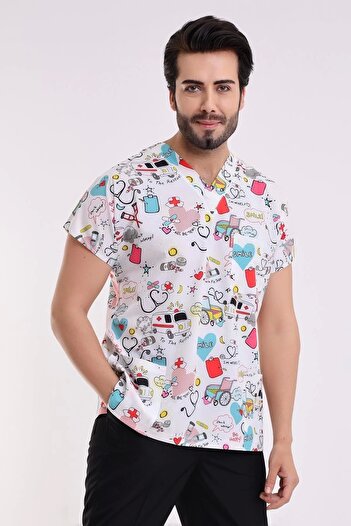 Bilenn Tekstil Bat Sleeve Digital Unisex Pattern Top - 6503 White Stethoscope
