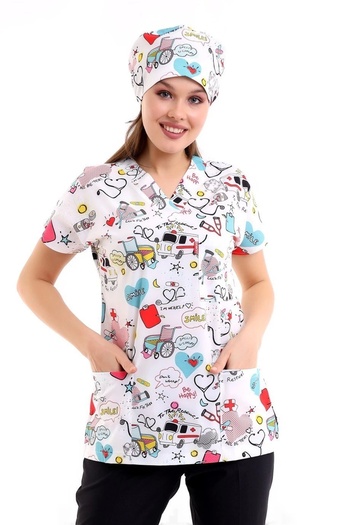 Bilenn Tekstil Bat Sleeve Digital Unisex Pattern Top - 6503 White Stethoscope