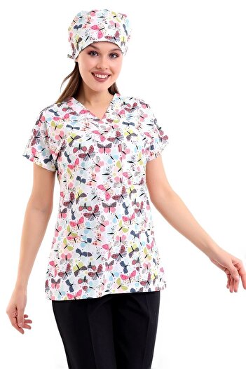 Bilenn Tekstil Bat Sleeve Digital Unisex Patterned Top - 6527 White Butterfly