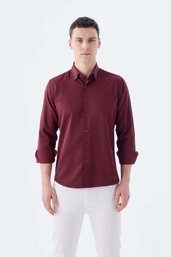 Jakamen Burgundy Slim Fit Patterned Buttoned Collar Cotton Shirt